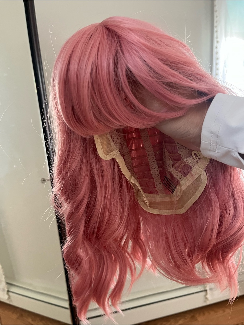 Blush Pink shoulder length Wavy Synthetic Wig with Bangs - Women Hair worn once!